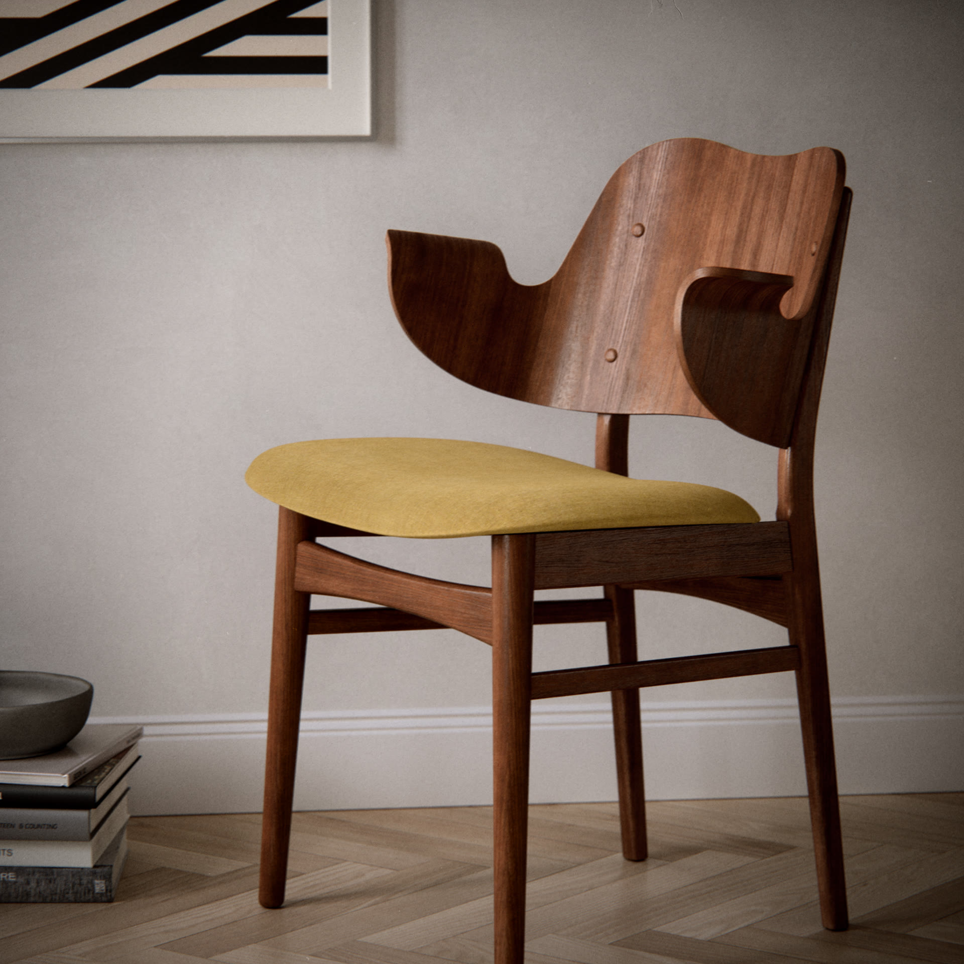 Wooden armchair with a mustard-yellow seat, seen from the front in a living room, architectural visualization