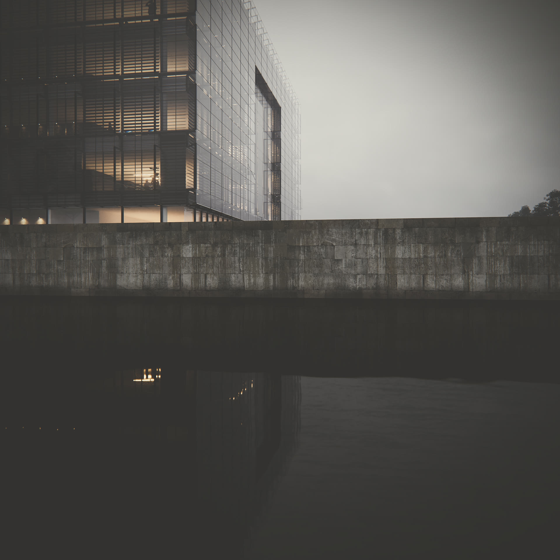 Close-up corner view of a glass office facade with sun shading, reflected in water at dusk, architectural visualization