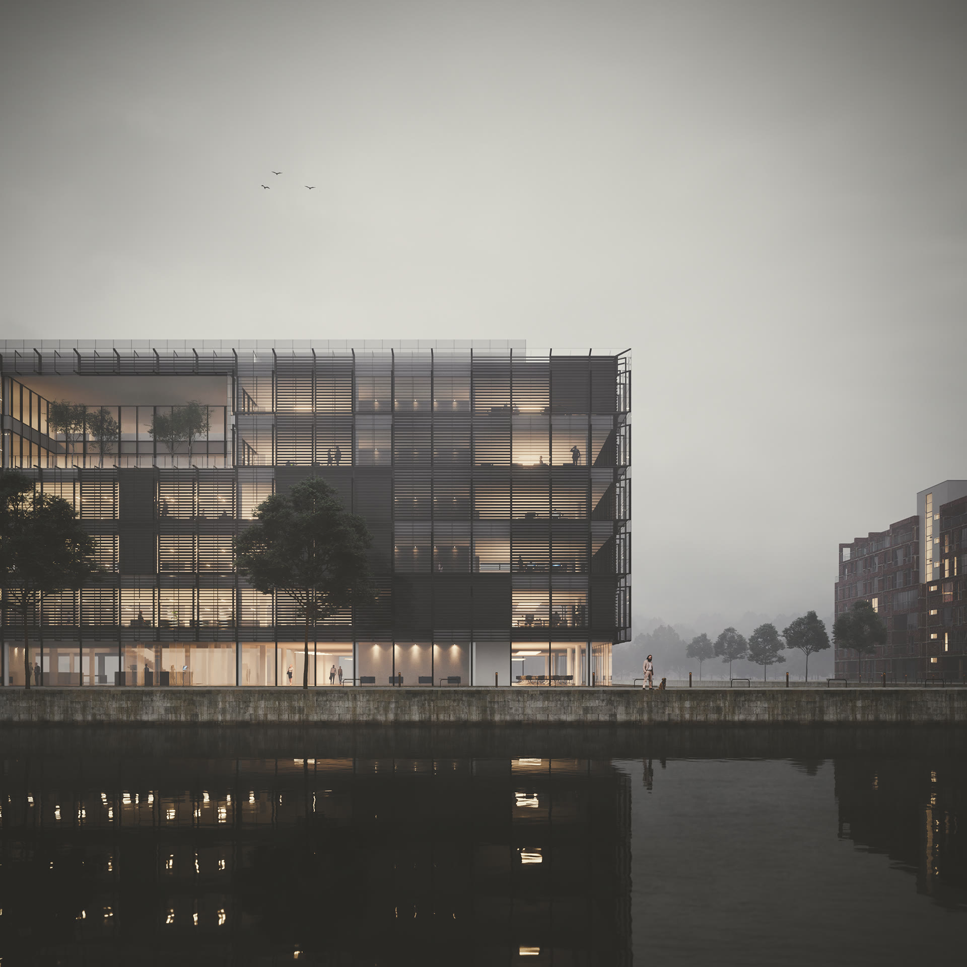 Modern office building facade reflected in water at dusk, with lit interior floors, architectural visualization