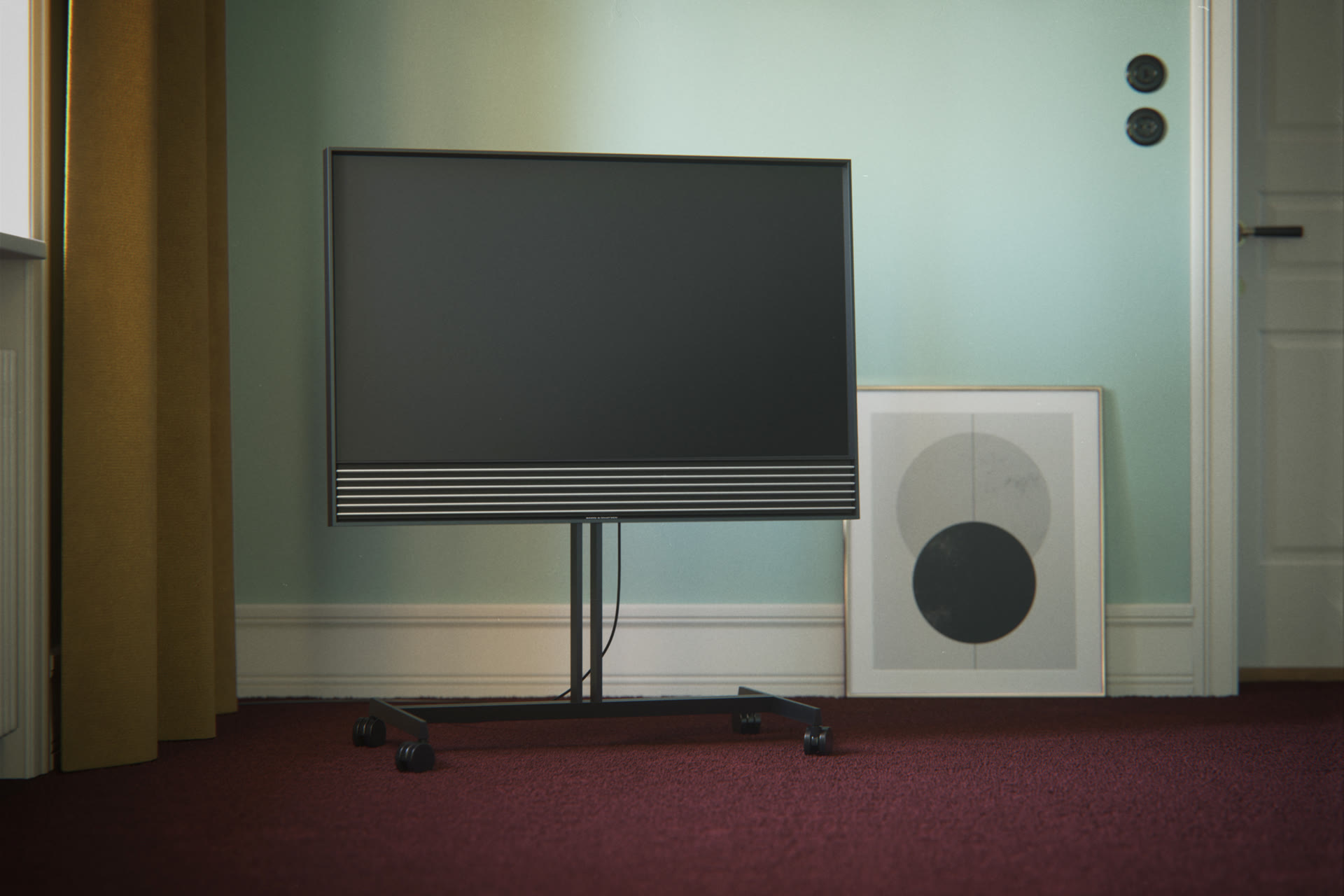 Bang & Olufsen television on a floor stand in a room with mint-green walls and burgundy carpet, product visualization