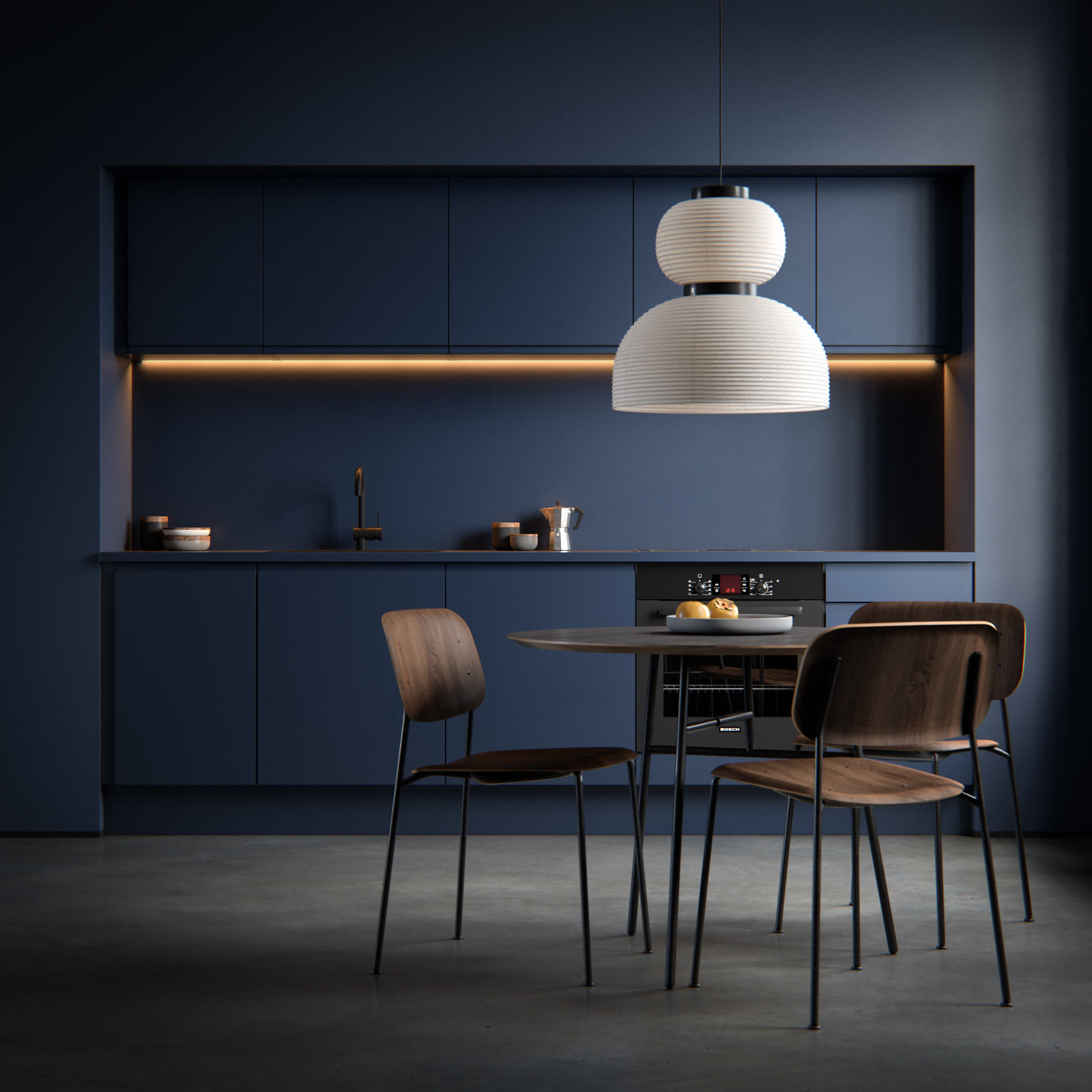 Dark blue kitchen with round dining table, two wooden chairs and a tiered pendant lamp, architectural visualization