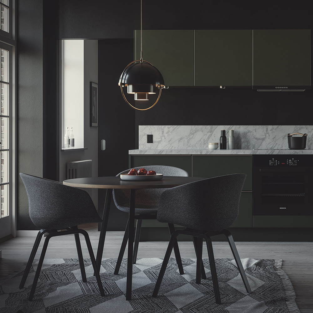 Dark green kitchen with marble backsplash, round table and three grey chairs on a patterned rug, architectural visualization