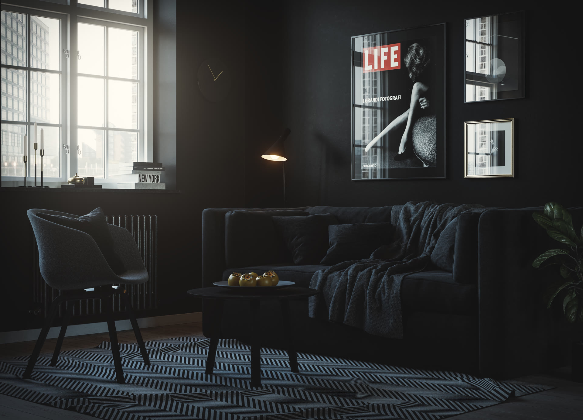 Dark living room with black sofa, 'LIFE' magazine poster on the wall and a reading lamp, architectural visualization