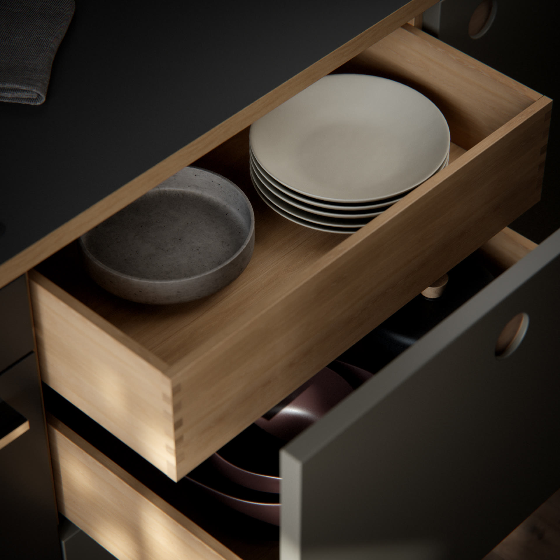 Open kitchen drawer with stacked ceramic plates and a bowl, close-up architectural visualization