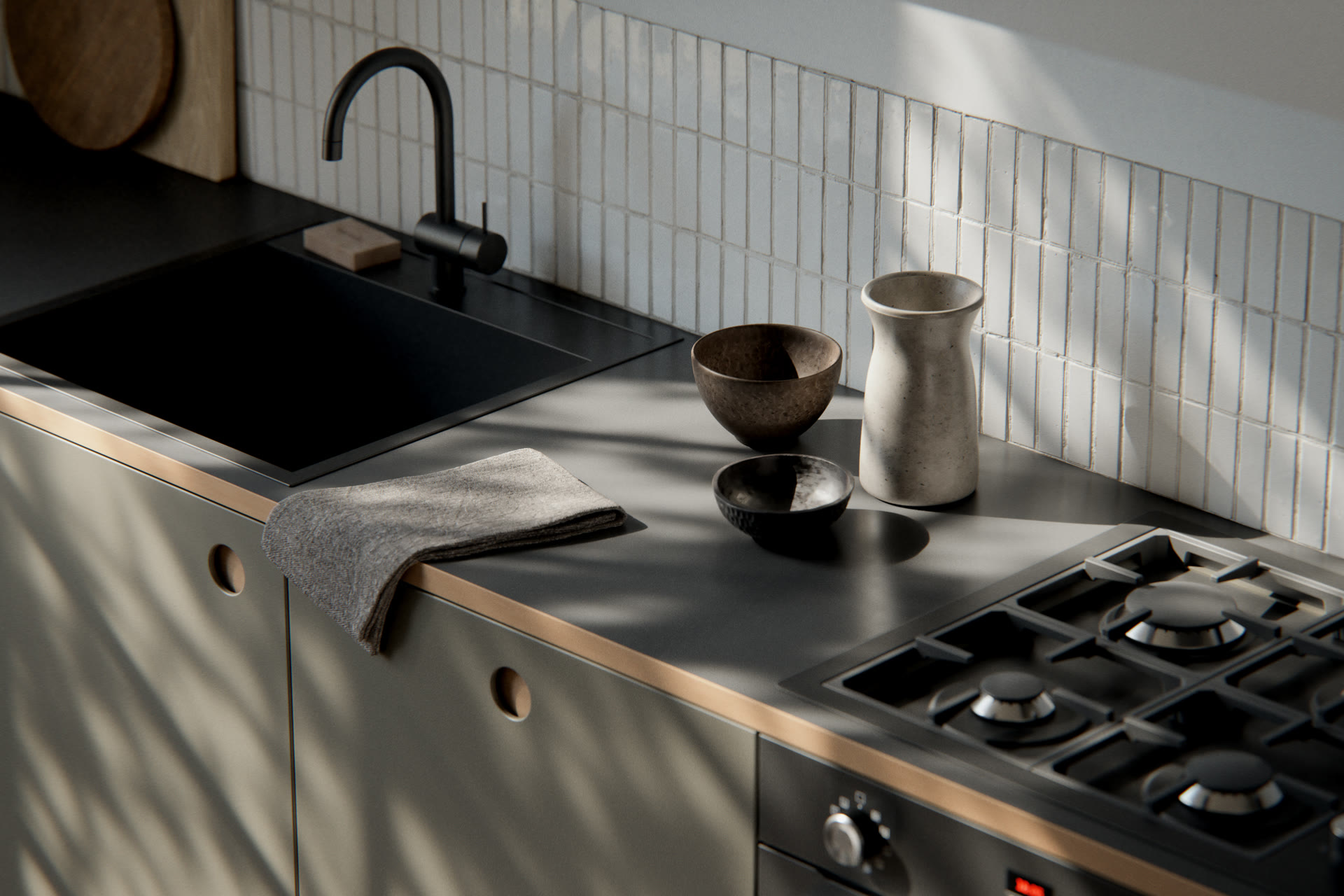 Kitchen countertop with black gas hob, ceramic bowls and a vase, white tiled backsplash, architectural visualization