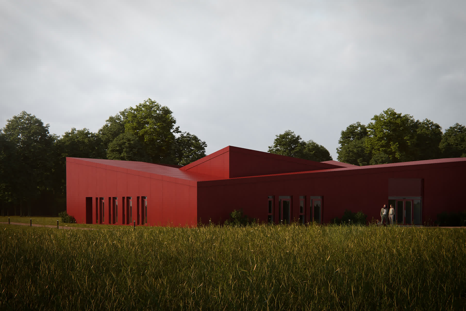 Modern red-clad church building surrounded by trees and tall grass, architectural visualization