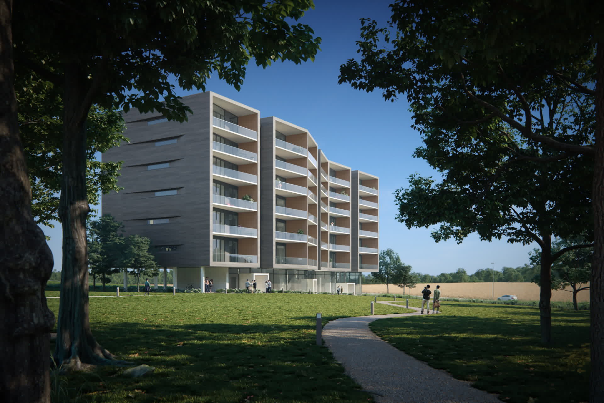 Multi-story residential building with timber-look facade and balconies, framed by trees in a park, architectural visualization