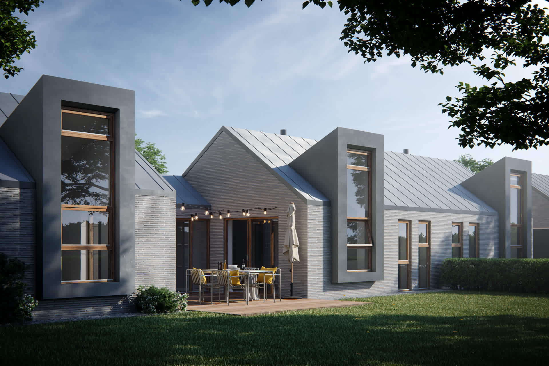 Modern brick house with tall narrow windows and an outdoor dining terrace, architectural visualization