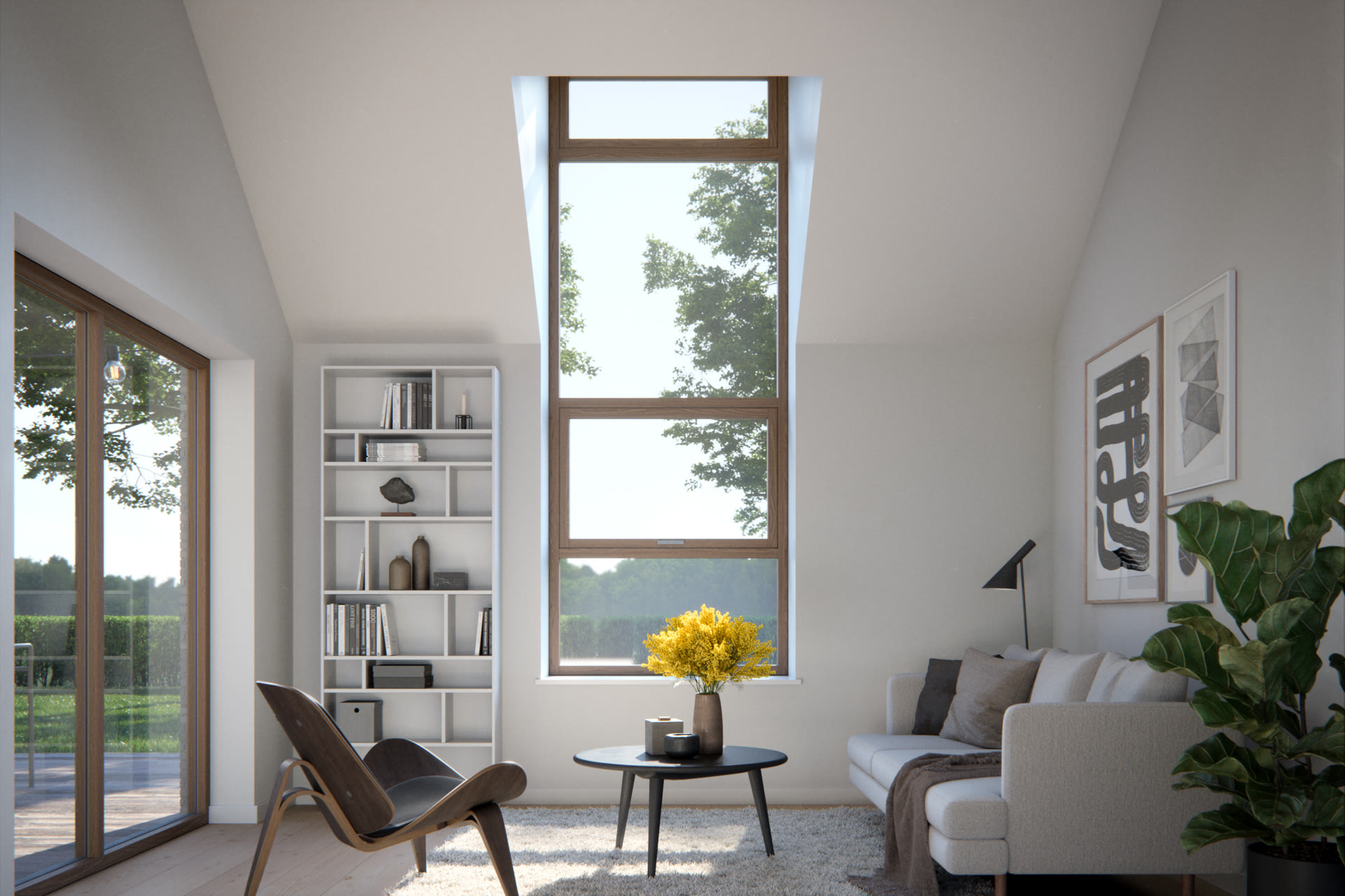 Living room with a tall gable window, bookshelf, armchair and sofa, architectural visualization