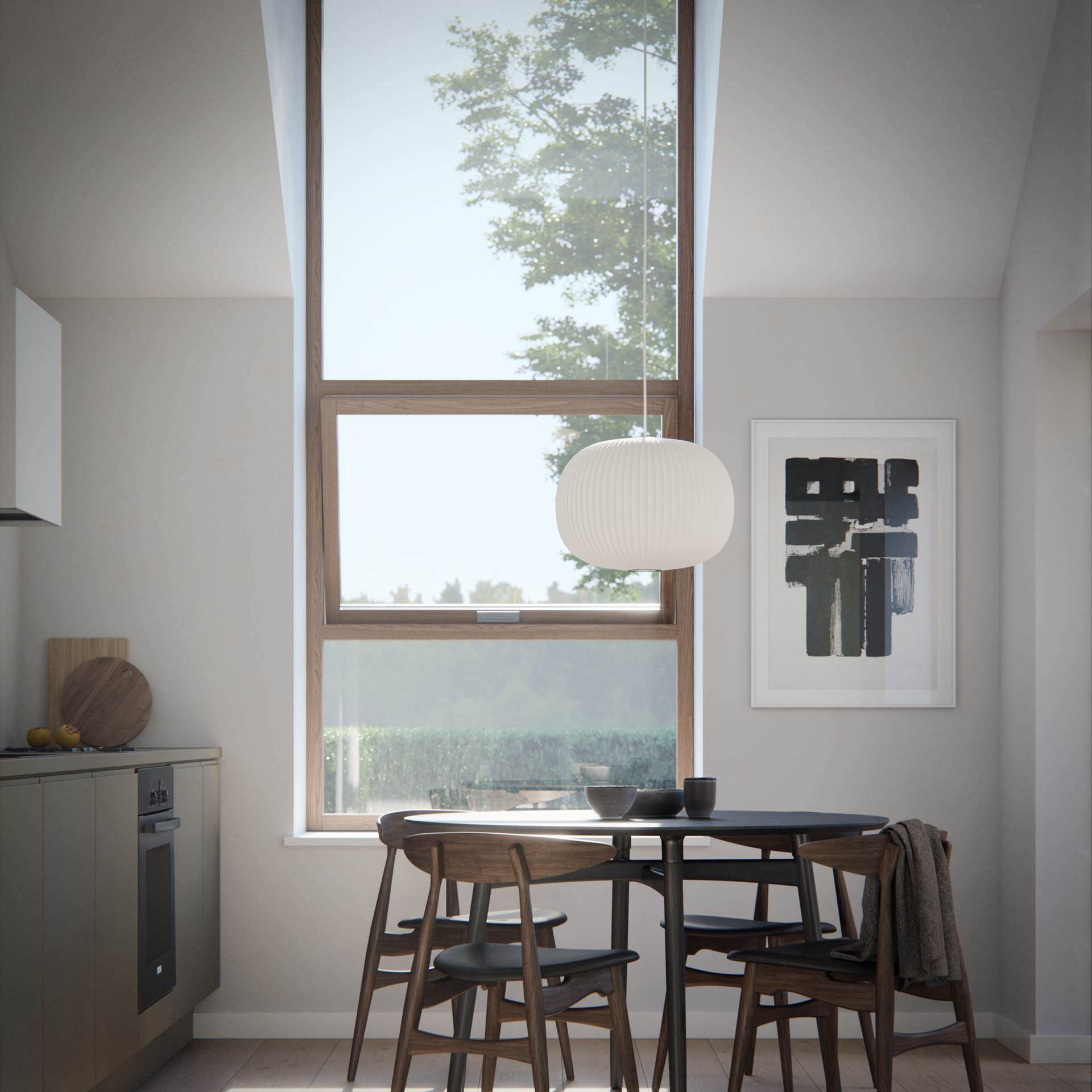 Dining area with round table, wooden chairs and pendant lamp beside a tall gable window, architectural visualization