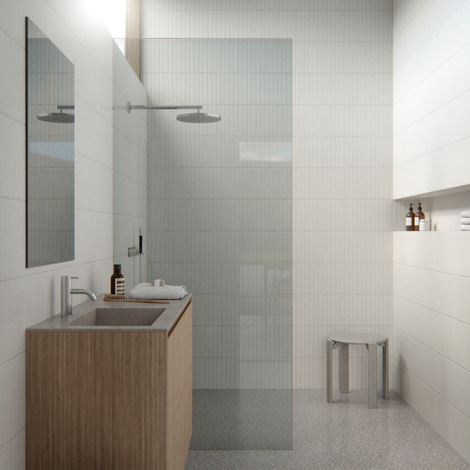 Bathroom with a walk-in shower, wooden vanity and floor-to-ceiling tiles, architectural visualization