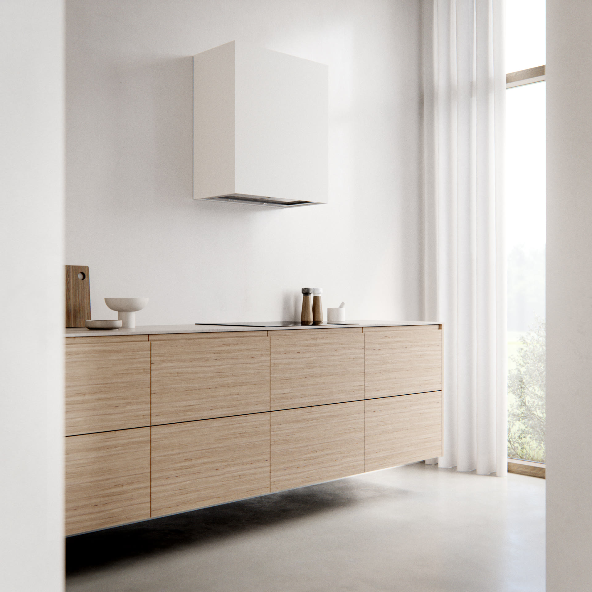 Minimalist floating wood kitchen unit with a white extractor hood, architectural visualization