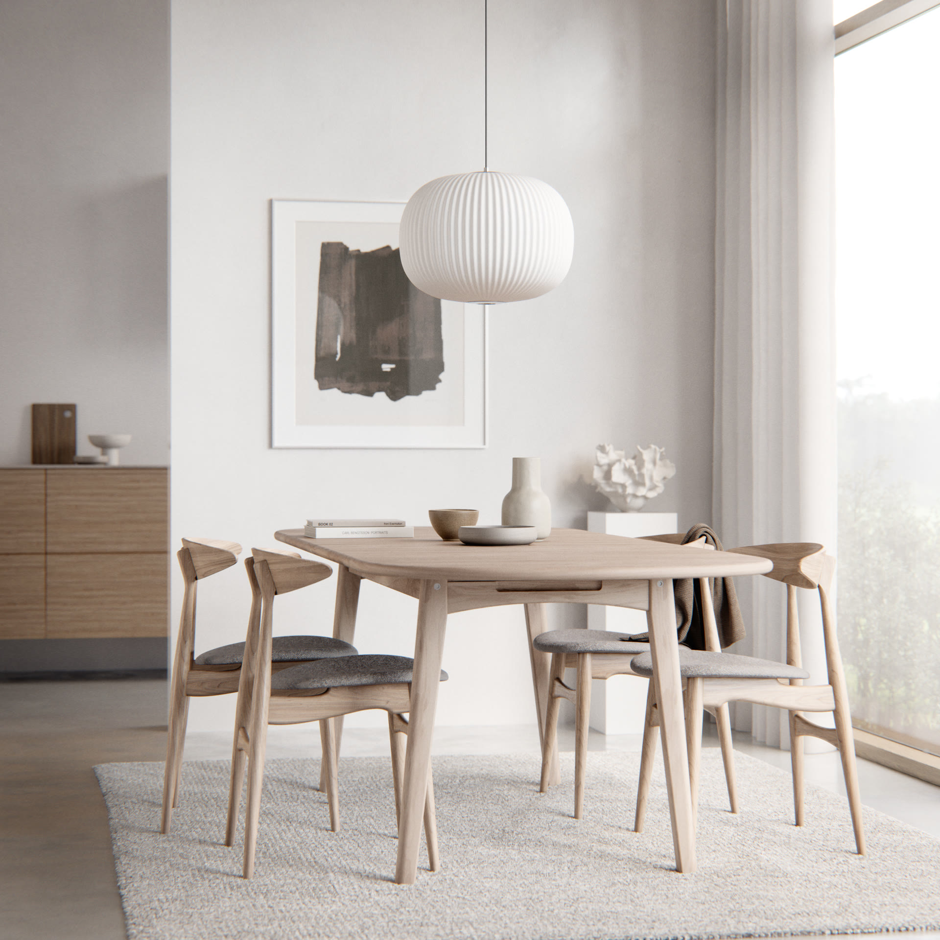 Dining room with a wooden table and chairs beneath a white pendant lamp, architectural visualization